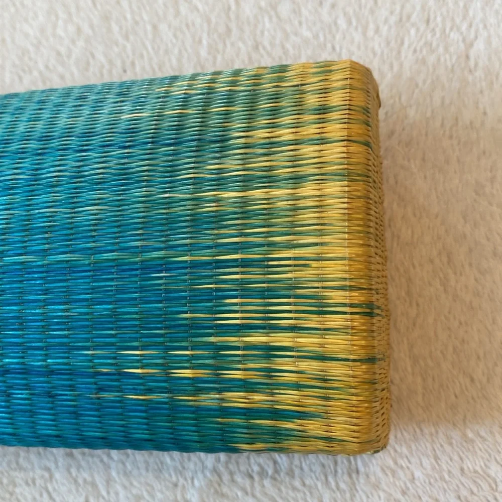 John Carlo Creations snakeskin and ombré turquoise to yellow raffia clutch